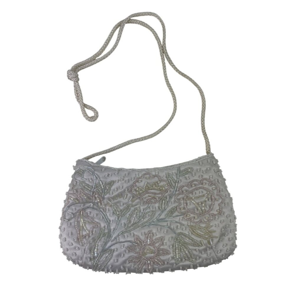 Vintage White Beaded Evening Bag With Floral Embroidery & Rope Strap